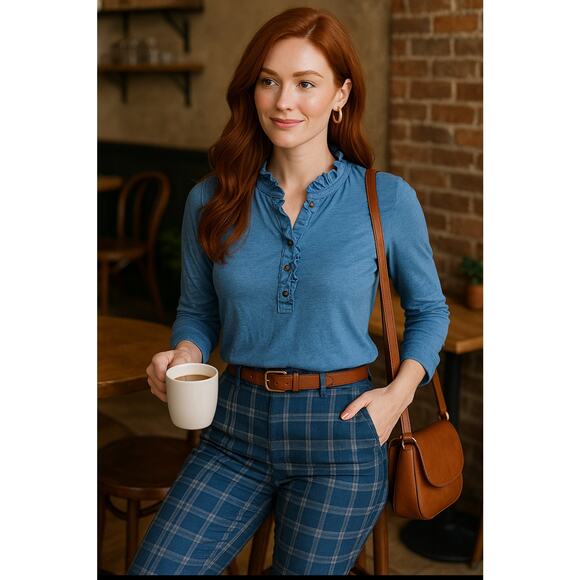 Brooks Brothers Supima Cotton Ruffle Henley Long Sleeve Top Blue Size Large - Picture 7 of 14